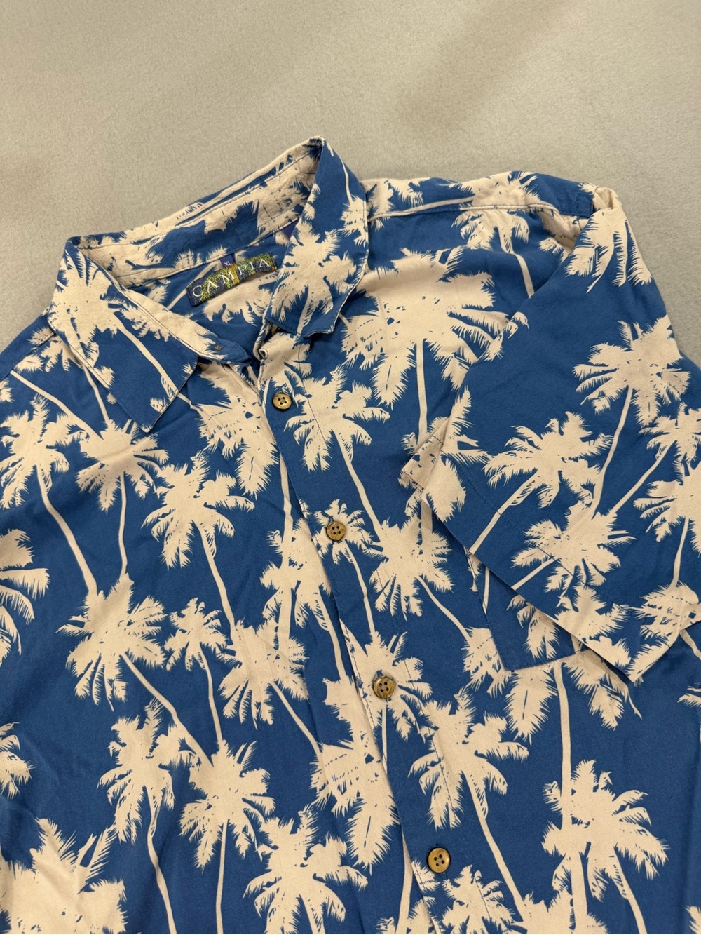 Campia Casual Blue Palm-Print Short-Sleeve Button-Down Shirt Lightweight Rayon